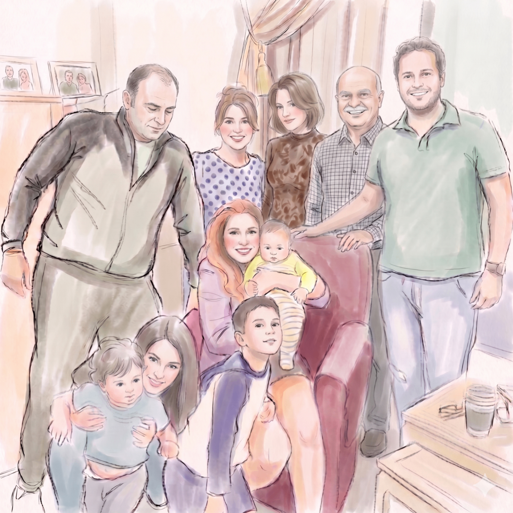 Hand drawn watercolor illustration of the RAFCO family across generations